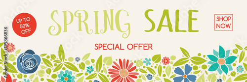 Spring Sale - concept of a banner with hand drawn flowers. Vector.