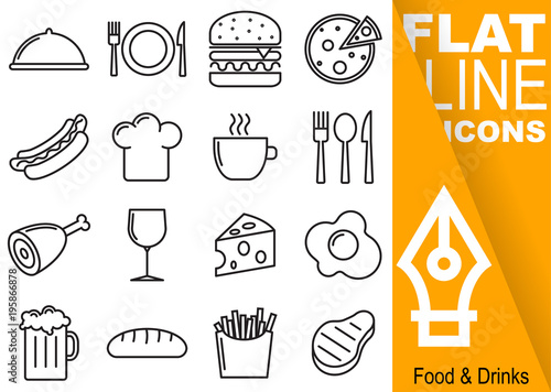 Editable stroke. Simple Set of Food and Drinks vector flat line Icons - hat, plate, burger, pizza, hot dog, cookie hat, mug, cutlery, leg, glass, cheese, egg, beer, bread, fries, steak