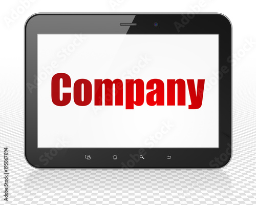 Finance concept: Tablet Pc Computer with red text Company on display, 3D rendering