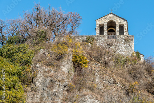 View of Small Stone Church of Saint Veronica on Rocca of Cald    Castelveccana in the province of Varese  Lombardy  Italy