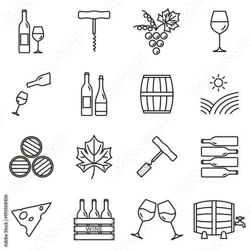 Wine outline icon set. Winery elements collection with grapes, wine glass and bottle, corkscrew, barrel. Minimal line design. Vector illustration.