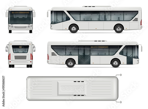 Bus vector mock-up. Isolated template of city bus on white background. Vehicle branding mockup. Side, front, back, top view. All elements in the groups on separate layers. Easy to edit and recolor.