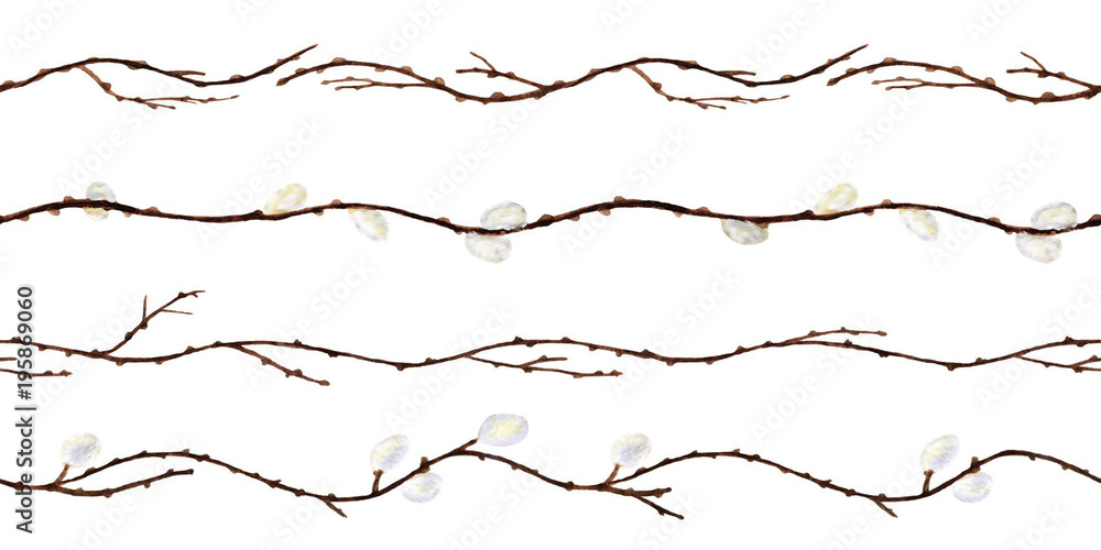 Willow branches with fluffy buds - delicate seamless pattern