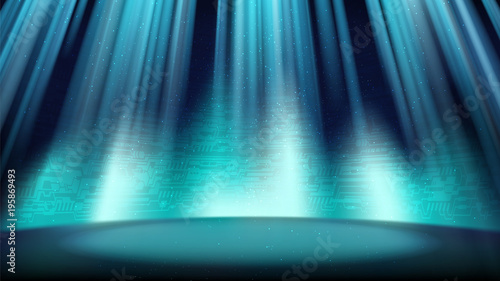 An empty blue scene with a background of a printed circuit board, illuminated by a spotlight