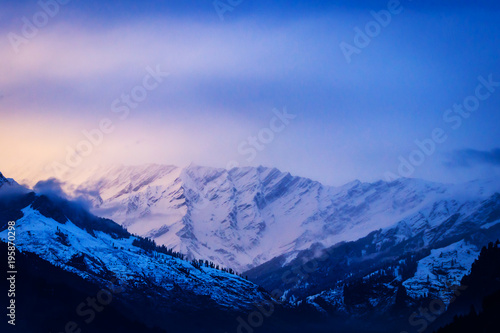view snow after sunset of Mountains in manali  Himachal Pradesh India