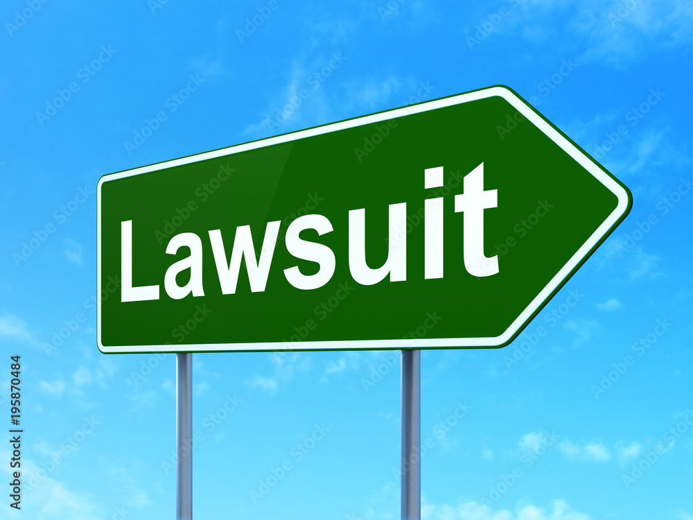 Law concept: Lawsuit on green road highway sign, clear blue sky background, 3D rendering Law concept: Lawsuit on green road highway sign, clear blue sky background, 3D rendering
