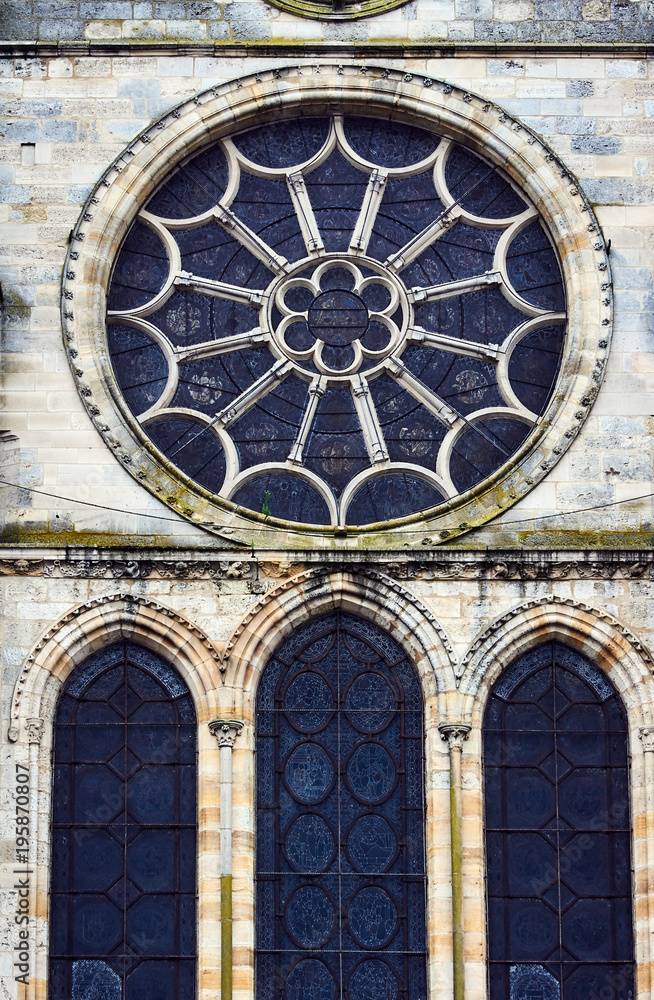Windows with stained-glass windows of a Gothic church in Troyes, France.