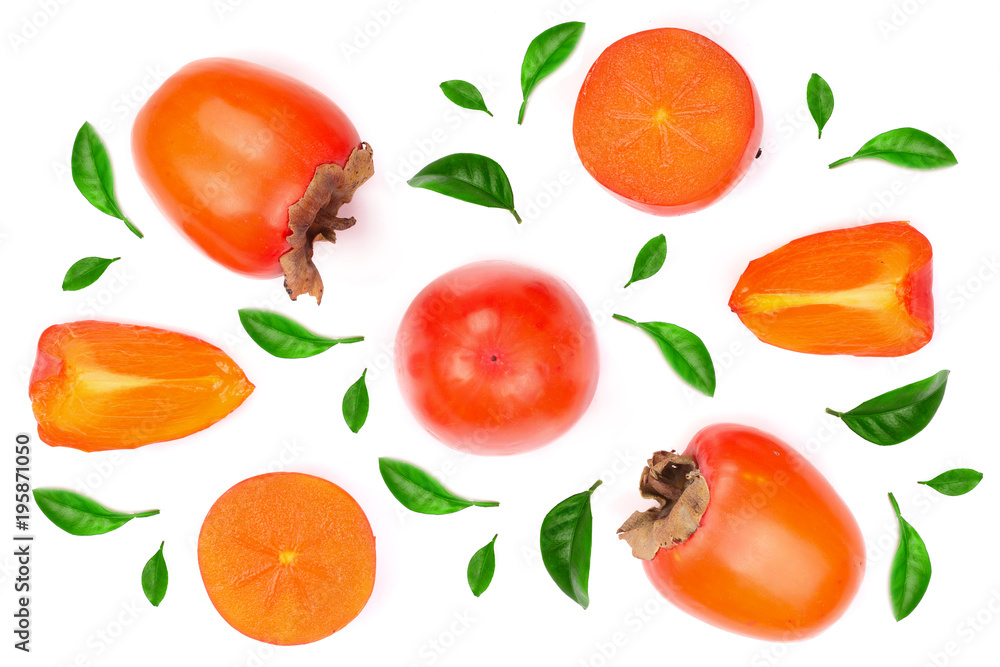 persimmon with leaf isolated on white background. Top view. Flat lay pattern persimmon with leaf isolated on white background. Top view. Flat lay pattern