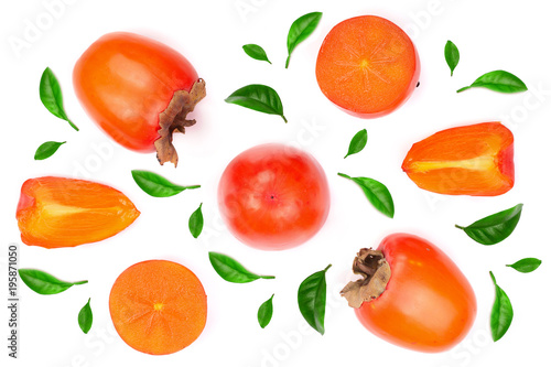 persimmon with leaf isolated on white background. Top view. Flat lay pattern