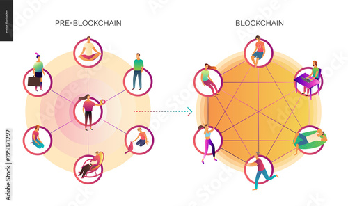 Blockchain concept vector illustration - scheme showing the cryptocurrency transaction processing and user connection