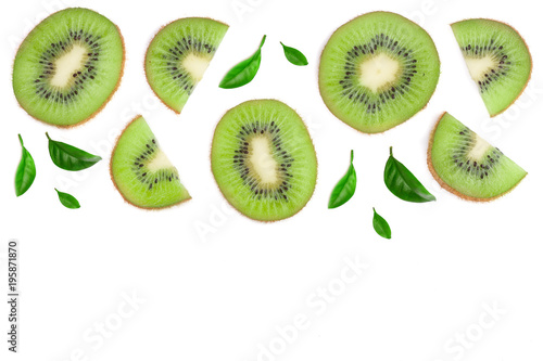 sliced kiwi fruit isolated on white background with copy space for your text. Flat lay pattern. Top view