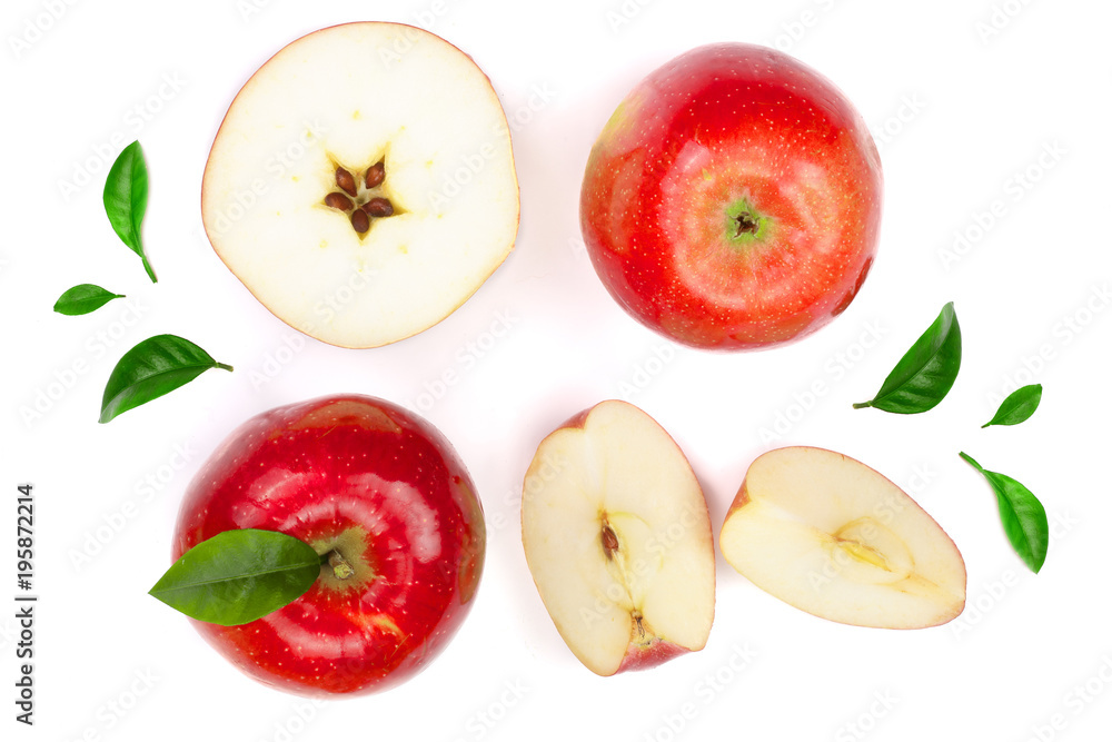 red apples with slices and leaves isolated on white background top view. Set or collection. Flat lay pattern red apples with slices and leaves isolated on white background top view. Set or collection. Flat lay pattern