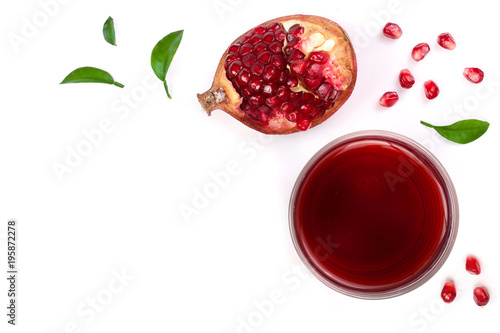 pomegranate juice with fresh pomegranate fruits isolated on white background with copy space for your text. Top view