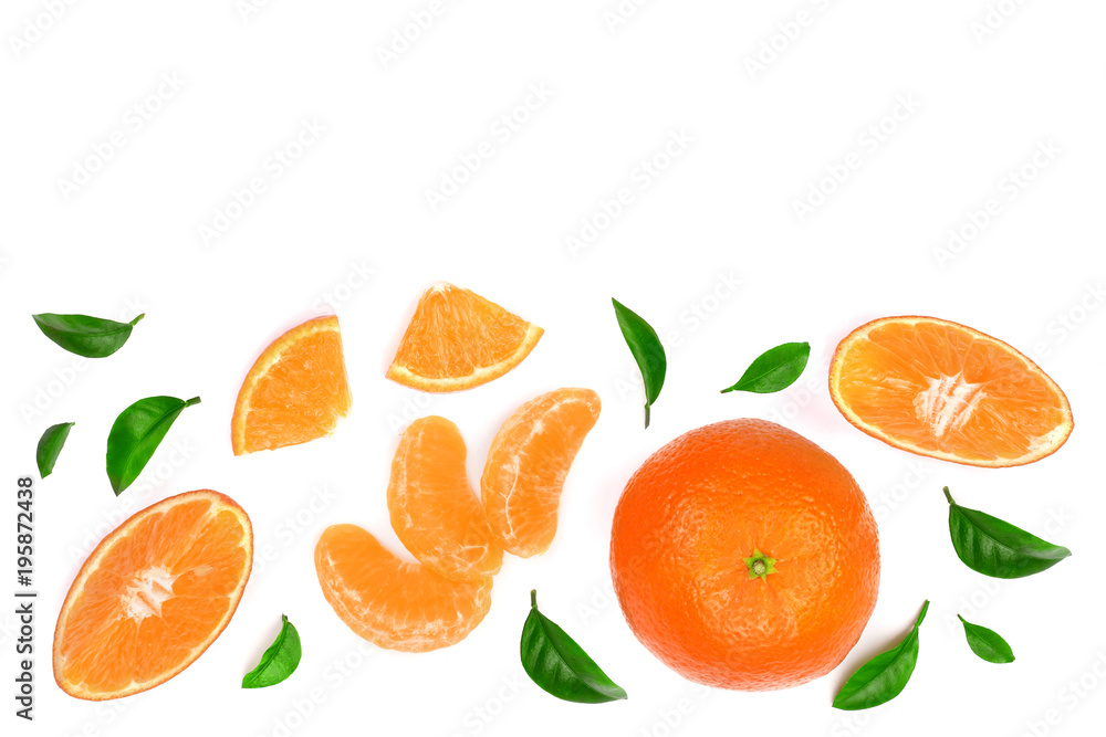 orange or tangerine with leaves isolated on white background with copy space for your text. Flat lay, top view orange or tangerine with leaves isolated on white background with copy space for your text. Flat lay, top view