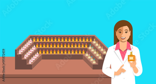 Perfumer near a perfume organ. Young woman holding spray with new custom made aroma composition near shelves with perfume mixtures in different glass bottles. Perfumery vector cartoon background