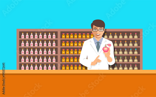 Perfumer near a perfume organ. Young man holding spray with new custom made aroma composition near shelves with perfume mixtures in different glass bottles. Perfumery vector cartoon background