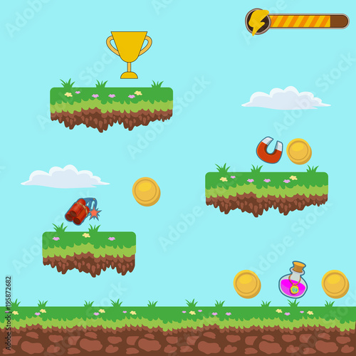 Video platform game interface design elements. Vector background and different blocks to construct your own game level. Vintage style game design. Day level. Mobile game.