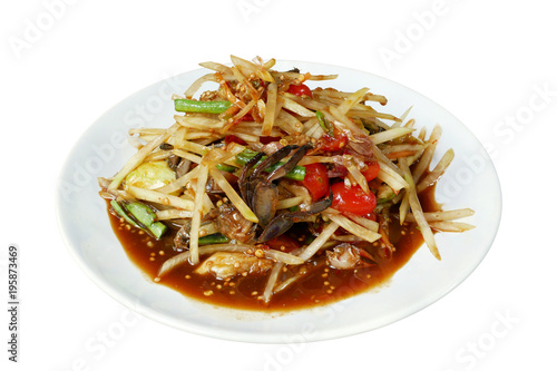 Spicy papaya salad (Som Tum) Thai traditional food isolated on white background, clipping path included