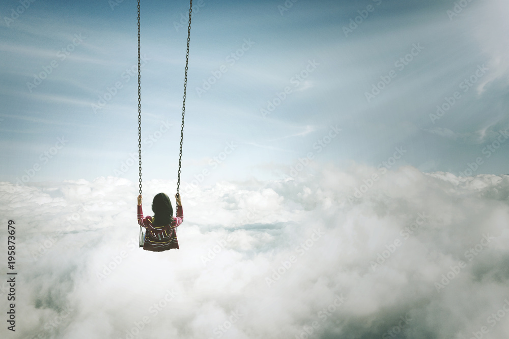 Lonely young woman with swing above cloud - obrazy, fototapety, plakaty 