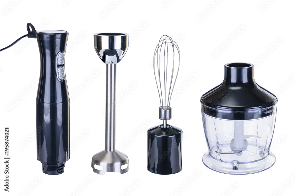 Accessory set with black hand blender on the white background Accessory set with black hand blender on the white background