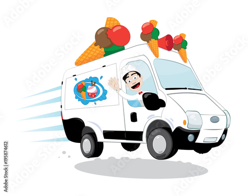 a vector cartoon representing a funny and decorated ice-cream van, with cones and a logo, driven by a cheerful ice-cream man cheering and smiling and wearing a white uniform with a hat and a papillon