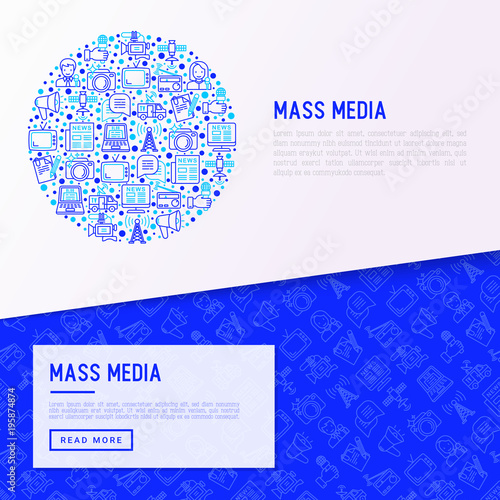 Mass media concept in circle with thin line icons: journalist, newspaper, article, blog, report, radio, internet, interview, video, photo. Modern vector illustration for banner, print media, web page.