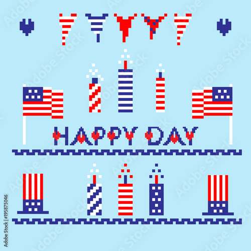 Modern abstract set of memorial  independence day  pixel art icons  isolated background.