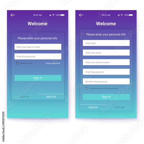 UI design, account authorization or register, interface for touchscreen mobile apps. Entrance via login, password. Registration with personal data. UX Screen with digital lock on login page