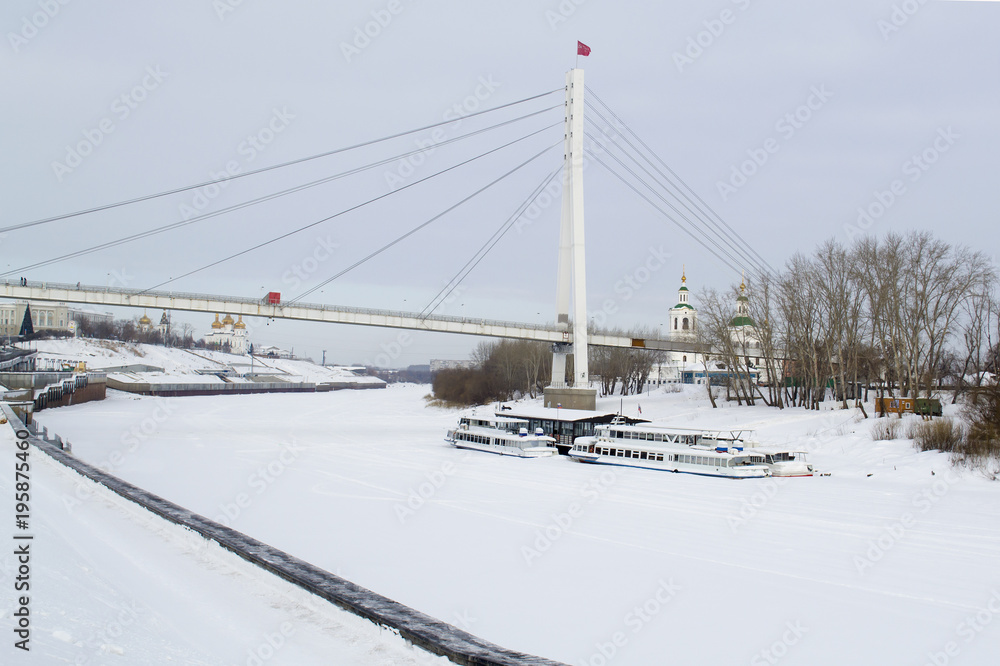 The embankment of the city of Tyumen in winter time. Russia.
