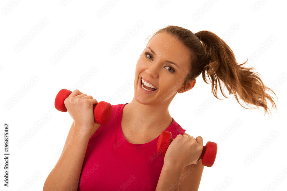 Beautiful young active fit woman workout with dumbbells isolated over white background - fitness