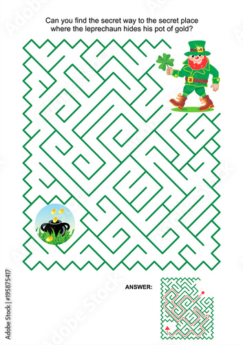 St. Patrick's Day themed maze game or activity page: Can you find the secret way to the secret place where the leprechaun hides his pot of gold? Answer included.
