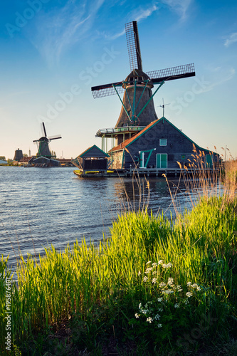 Photography Windmills at Zaanse Schans in Holland on sunset. Zaandam, Nether