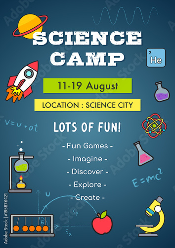 Science Camp Invitation Poster Vector illustration. Science elements, Rocket with Physics mathematics on chalkboard background. 