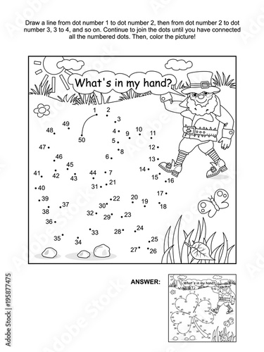 St. Patrick's Day themed connect the dots picture puzzle and coloring page with clover leaf and leprechaun. What's in my hand? Answer included.

