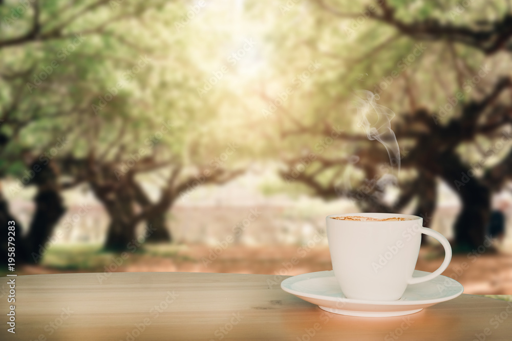 Coffee espresso on wood table nature background in garden,warm tone Coffee espresso on wood table nature background in garden,warm tone