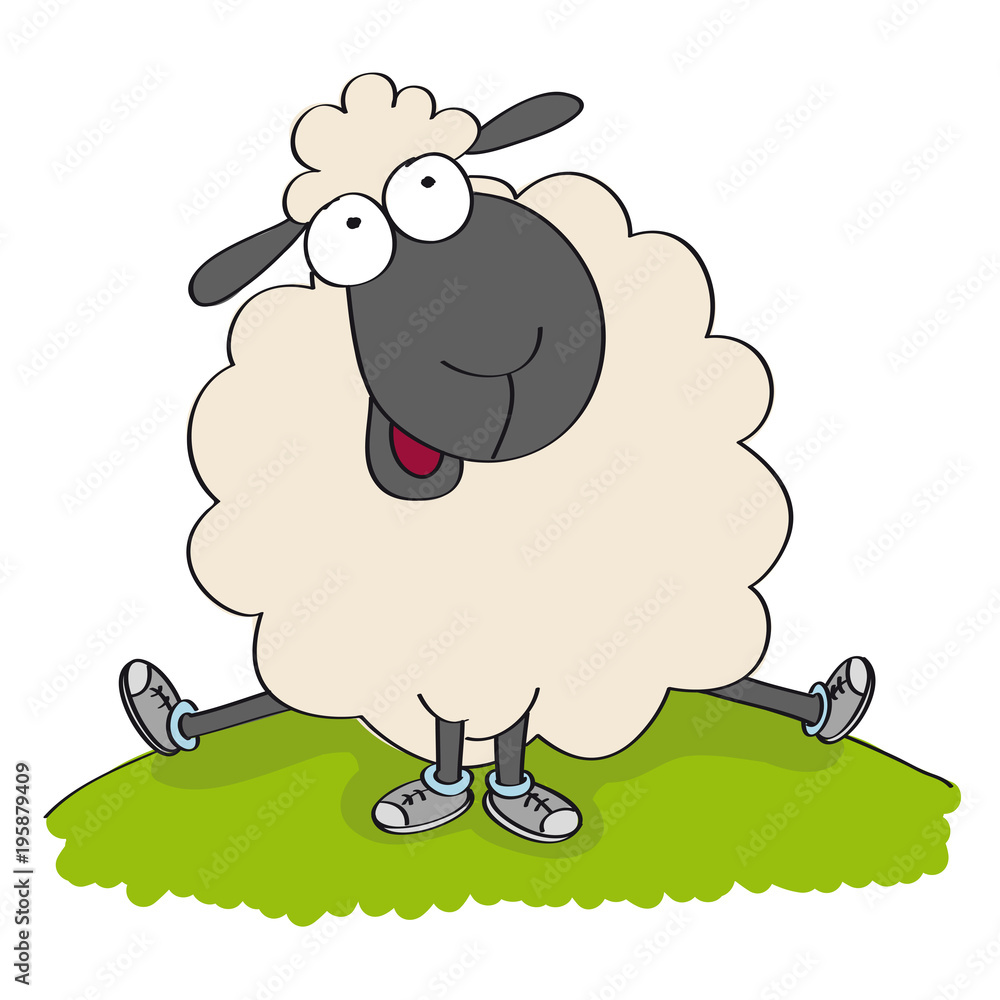 Naklejka premium Śliczne owce w butach, siedząc na wzgórzu i patrząc szczęśliwy - oryginalna ręcznie rysowane zabawna ilustracja kreskówka