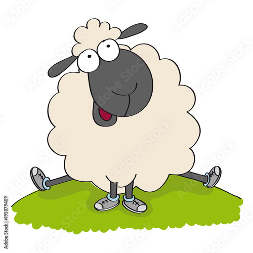 Cute sheep in shoes, sitting on the hill and looking happy - original hand drawn funny cartoon illustration