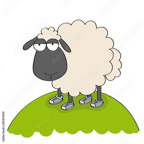 Dull sheep in shoes, standing on the hill and looking stupid - original hand drawn funny cartoon illustration