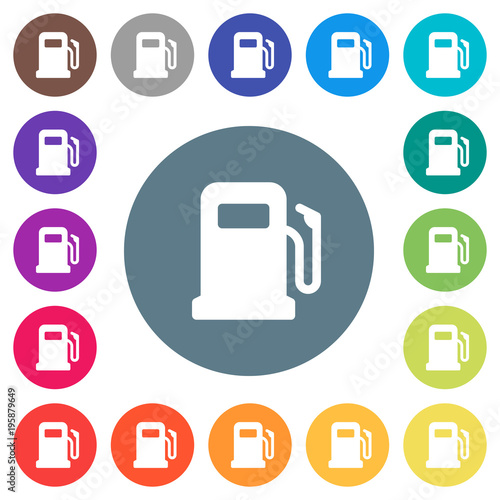 Gas station flat white icons on round color backgrounds