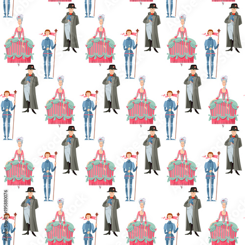 History of France. Queen Marie Antoinette, Jeanne d’Arc (Joan of Arc), Napoleon Bonaparte. Seamless background pattern.
