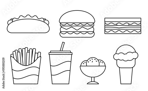 Fast food line icons. Vector. Set unhealthy meal in flat design. Linear restaurant snacks isolated. Junk cooking elements. Black white outline sketch. Coloring page.