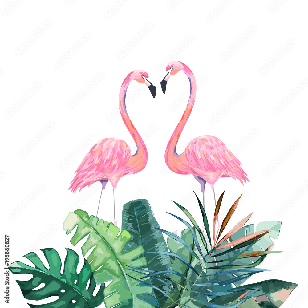 Fototapeta premium Para różowych flamingów. Tropikalny nadruk na zaproszenie, urodziny, uroczystość, kartkę z życzeniami. Ilustracji wektorowych