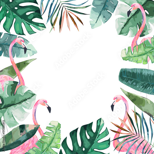 Watercolor frame with tropical jungle leaves and pink flamingo.Vector aloha illustration