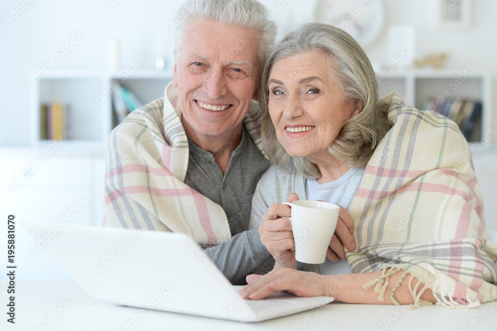 beautiful senior couple with blanket using laptop at home beautiful senior couple with blanket using laptop at home
