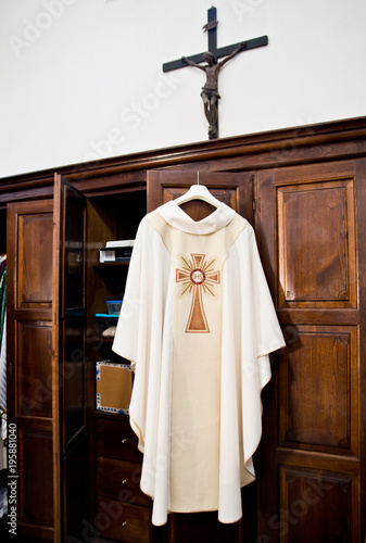 in the sacristy the cassock ready for Holy Mass