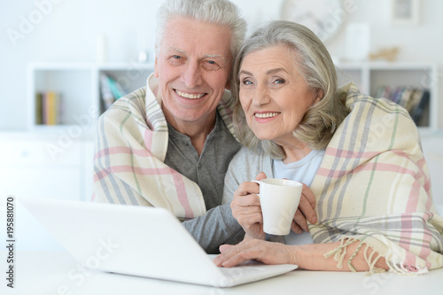 beautiful senior couple with blanket using laptop at home