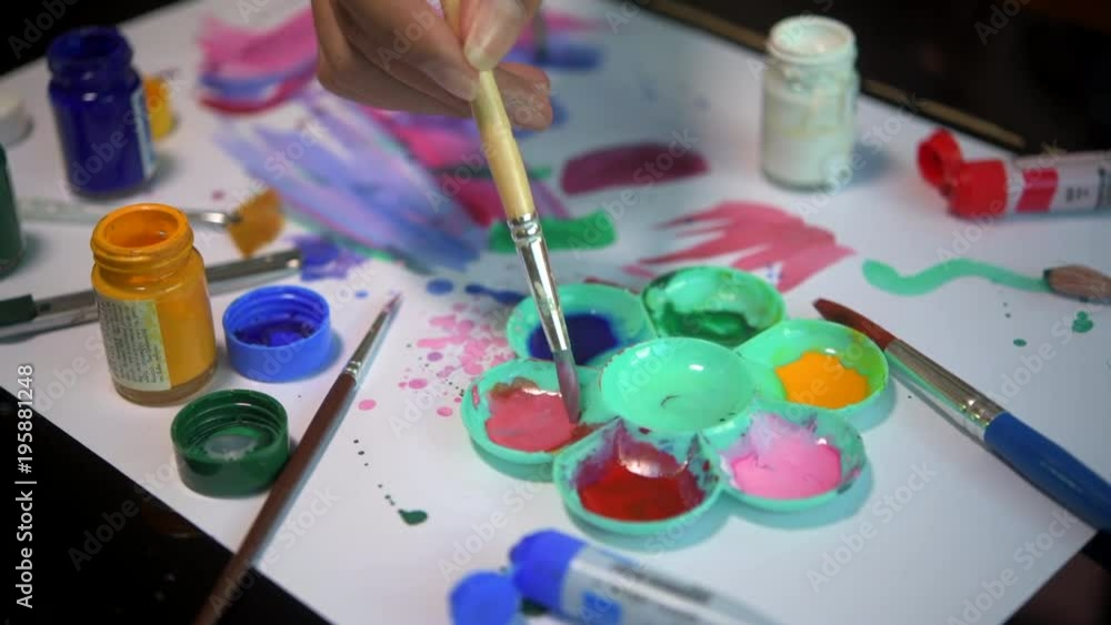 Painter Mixing and Painting Water Color on White Paper Stock Video ...