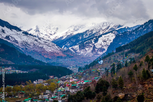 View of snow clad Himalayas mountains from Manali,India photo