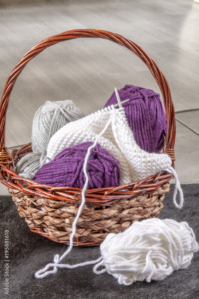 Knitting basket with yarns