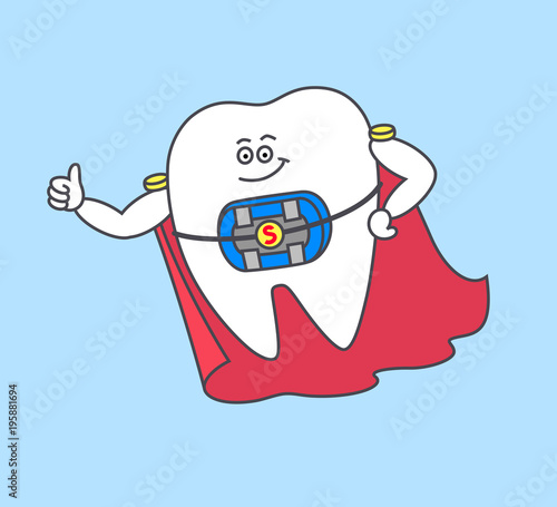 Cartoon tooth superman with braces and blue rubber bands and a red cloak. Dentistry orthodontist icon. Stomatology concept for kids. Superpower of bracket system illustration. Dental correction.